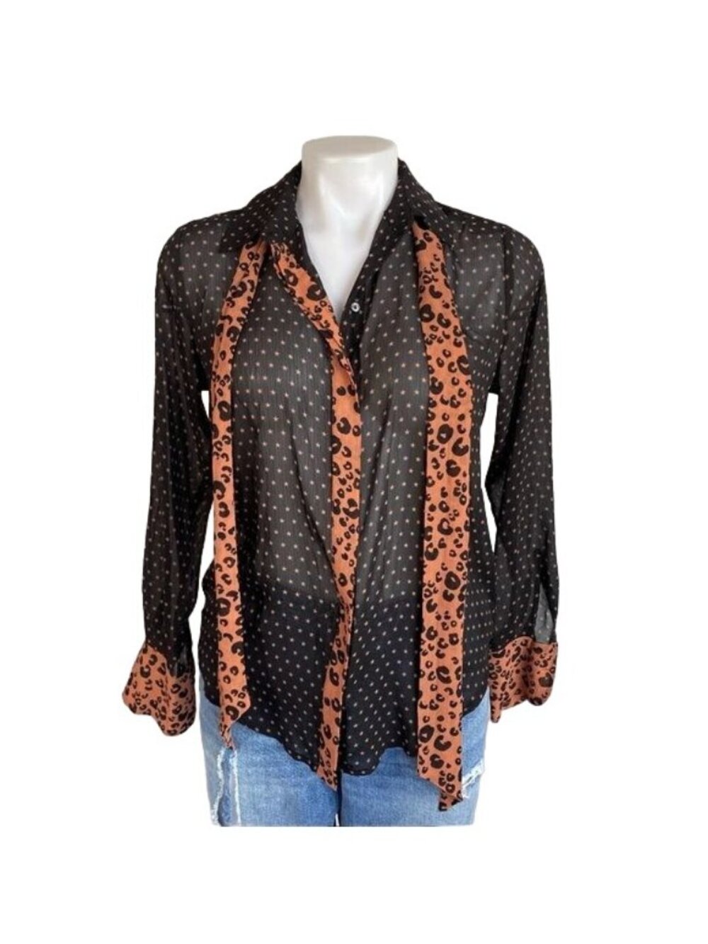 Scotch & Soda Maison Scotch Black Sheer Star Print Blouse With Leopard Print Acc